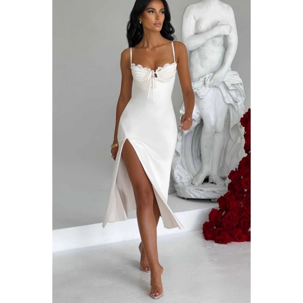 Elegant White Maxi Slip Dress with Lace Trim